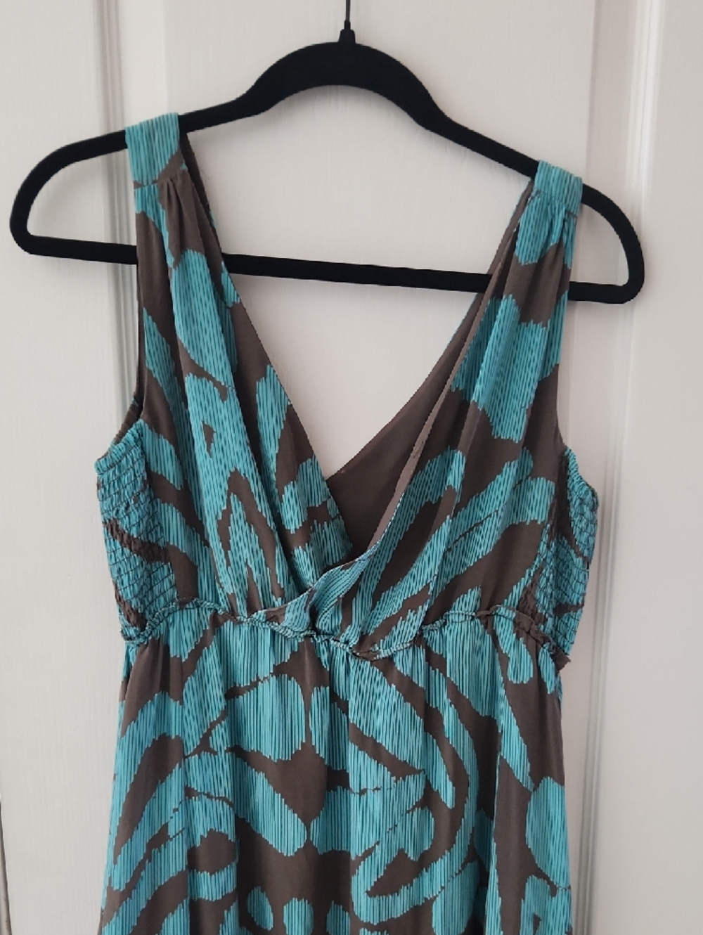 Banana Republic Teal and Brown Silk Printed V-Neck Maxi Dress, Size 10 - Picture 5 of 10